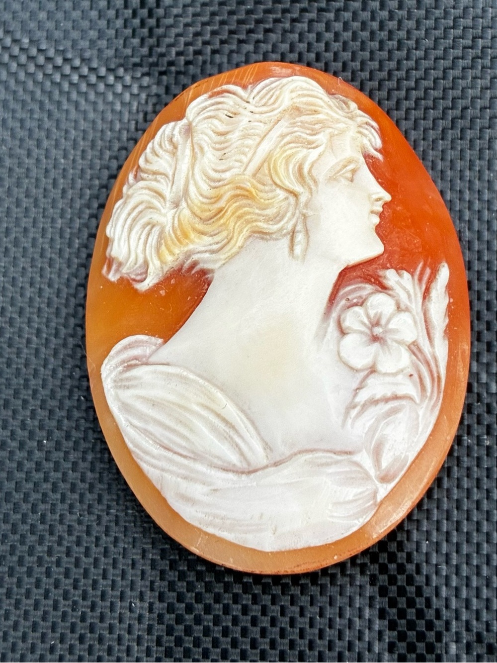 Carved Shell Cameo Brooch in Orange and Cream